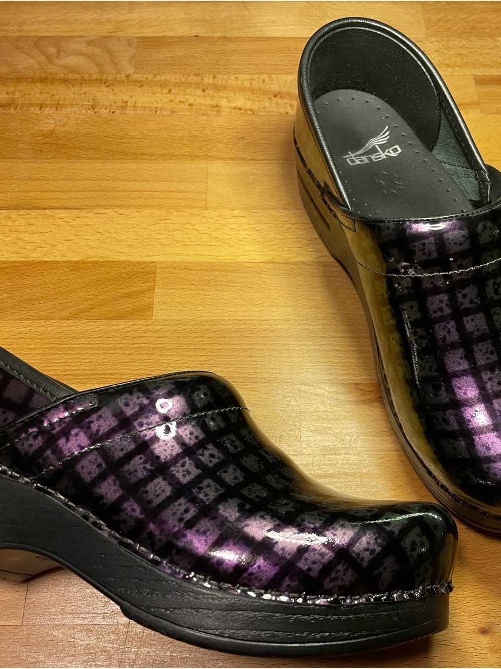 Dansko Purple and Black Patent Patterned Clogs